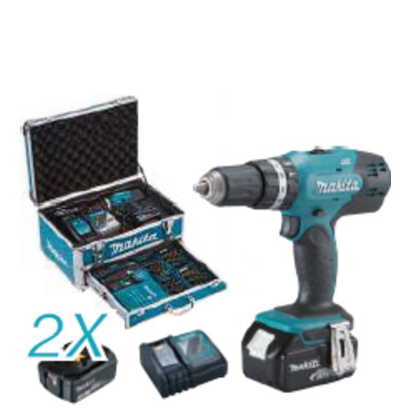 MAKITA DRIVE-DRILL WITH PERCUSSION 18V 13mm 42 Nm - with 2 batteries 3.0Ah and charger and 96 accessories - 1