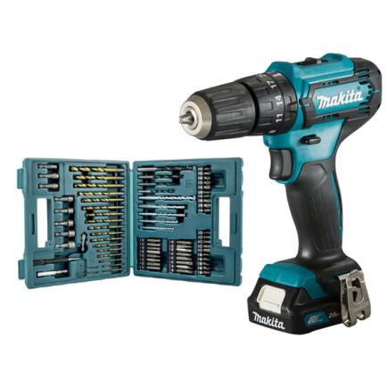 MAKITA DRIVE-DRILL WITH PERCUSSION 12V max 10 mm - 30 Nm - in case with 2 x 2.0Ah batteries and charger and 74 accessories - 1