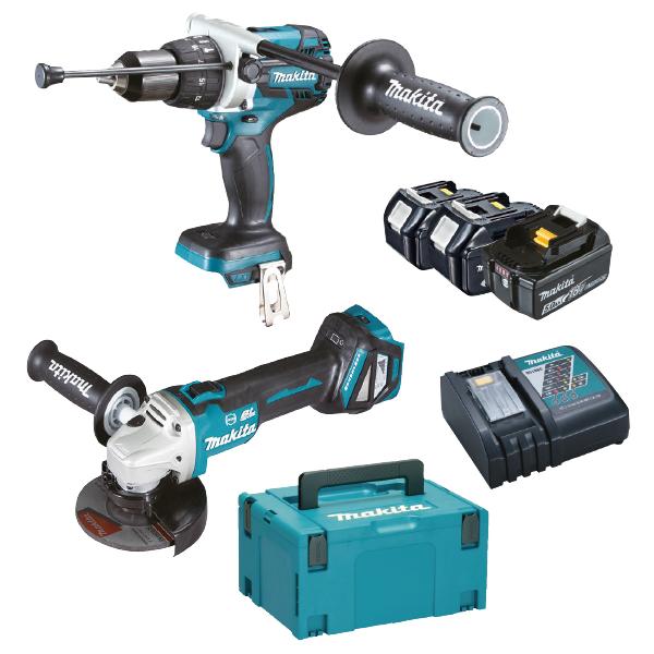 MAKITA Set of screwdriver, angle grinder, 3 batteries 5.0Ah, charger - in case - 1