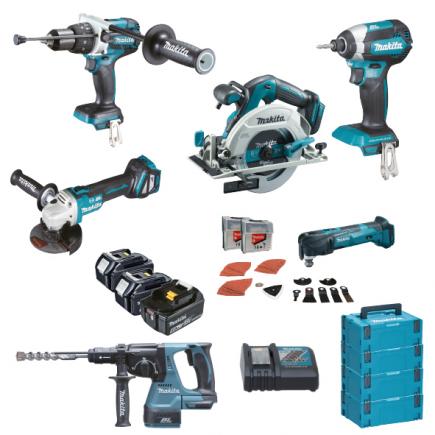 MAKITA Set of drill, screwdriver, hammer, angle grinder, jigsaw, multifunction tool, 3 x 5.0Ah batteries and charger - in 4 cases - 1