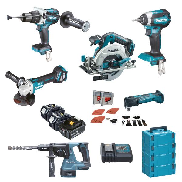 MAKITA Set of drill, screwdriver, hammer, angle grinder, jigsaw, multifunction tool, 3 x 5.0Ah batteries and charger - in 4 cases - 1