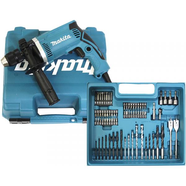 MAKITA DRIVE-DRILL WITH PERCUSSION 710W 16 mm KEYLESS - in case with 74 accessories and side handle - 1