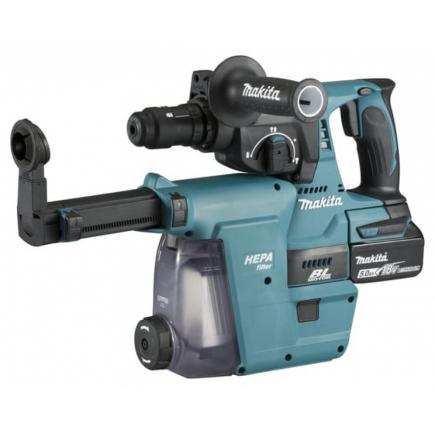 MAKITA 18V 24 MM ROTARY HAMMER SDS+ - in case with 2 5,0Ah batteries, charger, double spindle and dust extraction unit - 1