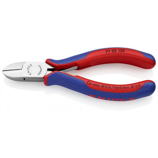 KNIPEX 77 02 130 - Electronics Diagonal Cutter head mirror polished,  handles with multi-component grips, round head, with bevel