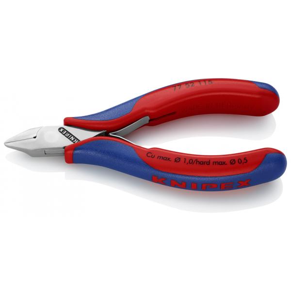 KNIPEX 77 52 115 - Electronics Diagonal Cutter head mirror polished,  handles with multi-component grips, pointed, flat head, with small bevel