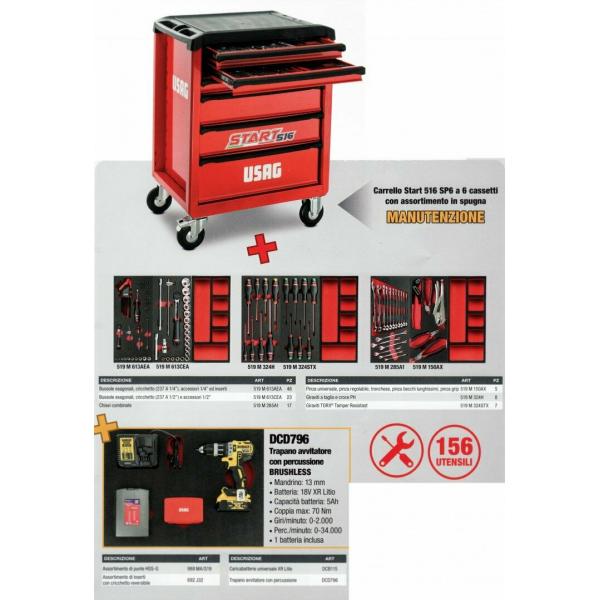 USAG START trolley 6 drawers with 156 tools and impact drill - 1