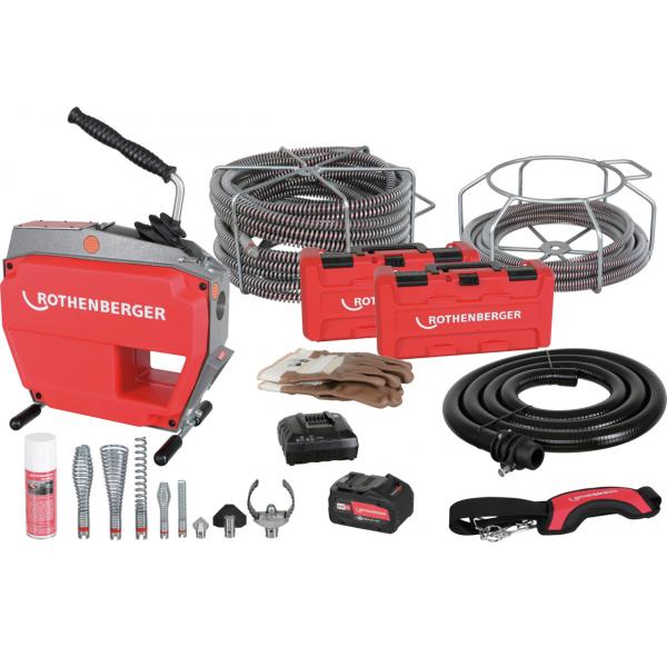 ROTHENBERGER 1000003346 Pipe cleaning R600 VarioClean with 18V 8 Ah  battery, charger, tool set and 16 + 22 mm spirals