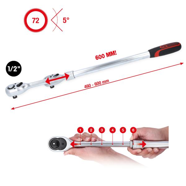 KS TOOLS Set leve a cricco telescopiche 1/2 extra lunghe con 72 denti